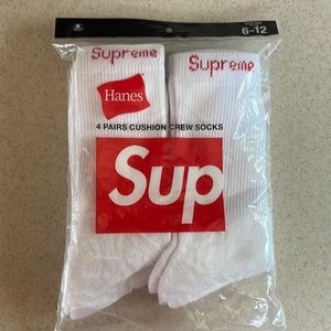 Supreme Hanes four pack white crew socks. New in sealed package. No returns